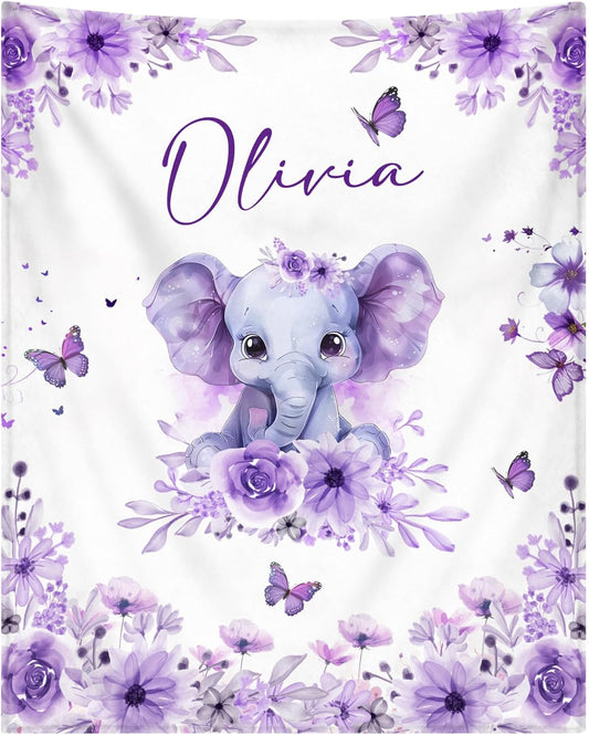 Personalized Baby Blankets for Girls | Custom Baby Blanket with Name for Kids | Purple Elephant