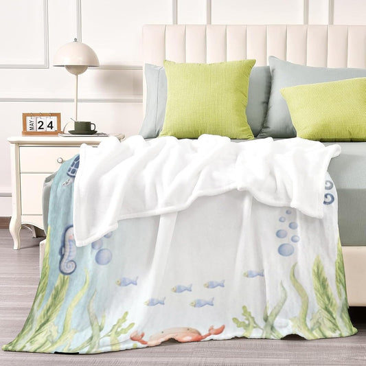 Personalized Baby Blanket with Name for Girls, Custom Blue Ocean Baby Blanket