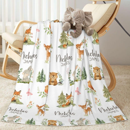 Personalized Baby Blankets for Girls | Custom Baby Blanket with Name for Kids | Woodland Animals-g