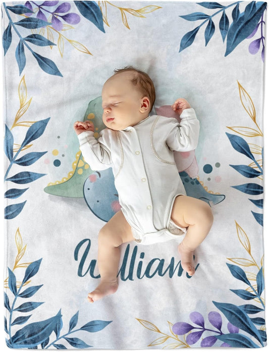 Custom Baby Boy Blanket with Name β Dinosaur & Leaf Design