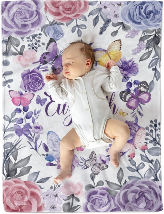 Personalized Baby Girl Blanket with Name – Custom Butterfly & Floral Design in Soft Fleece for Newborn Gift