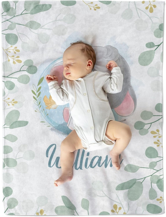 Personalized Baby Blanket for Boys – Elephant & Bird Design with Name