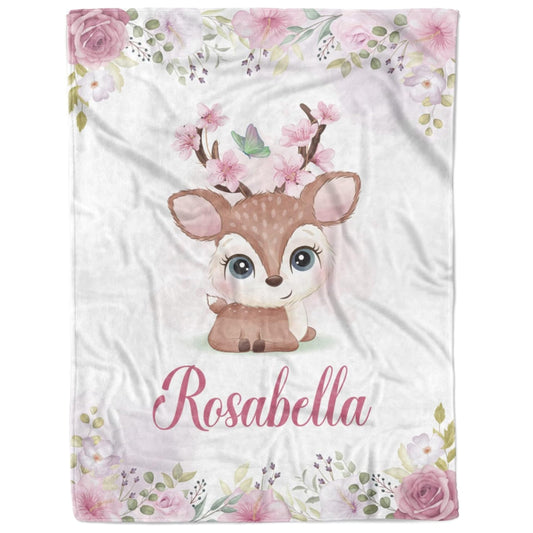 Personalized Baby Girl Blanket with Name – Custom Deer and Floral Fleece Blanket, Soft & Machine Washable
