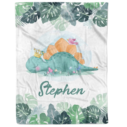 Personalized Baby Boy Blanket – Dinosaur with Crown & Name Print