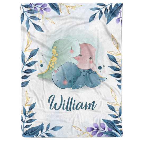 Custom Baby Boy Blanket with Name β Dinosaur & Leaf Design