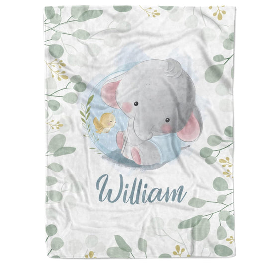 Personalized Baby Blanket for Boys – Elephant & Bird Design with Name
