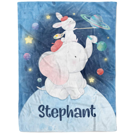 Custom Baby Boy Blanket with Name β Space Elephant & Bunny Design