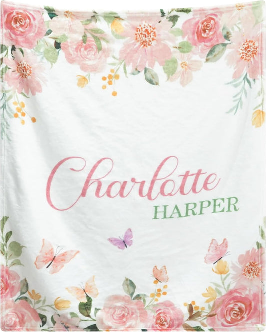 Personalized Baby Blankets for Girls | Custom Baby Blanket with Name for Kids | Pink Floral