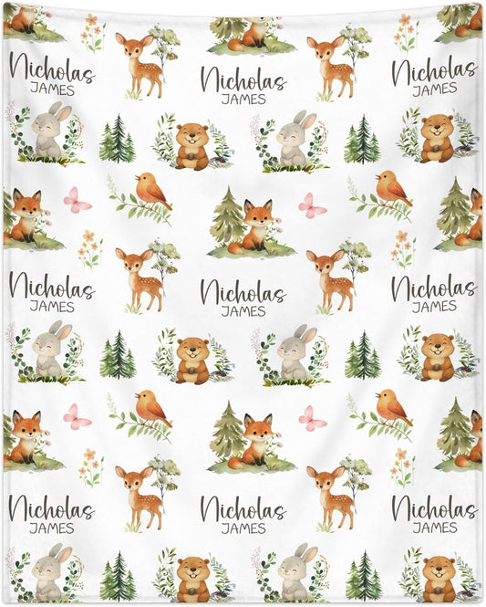 Personalized Baby Blankets for Girls | Custom Baby Blanket with Name for Kids | Woodland Animals-g