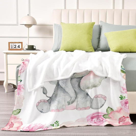 Personalized Baby Blanket with Name for Girls, Custom Pink Elephant Baby Blanket