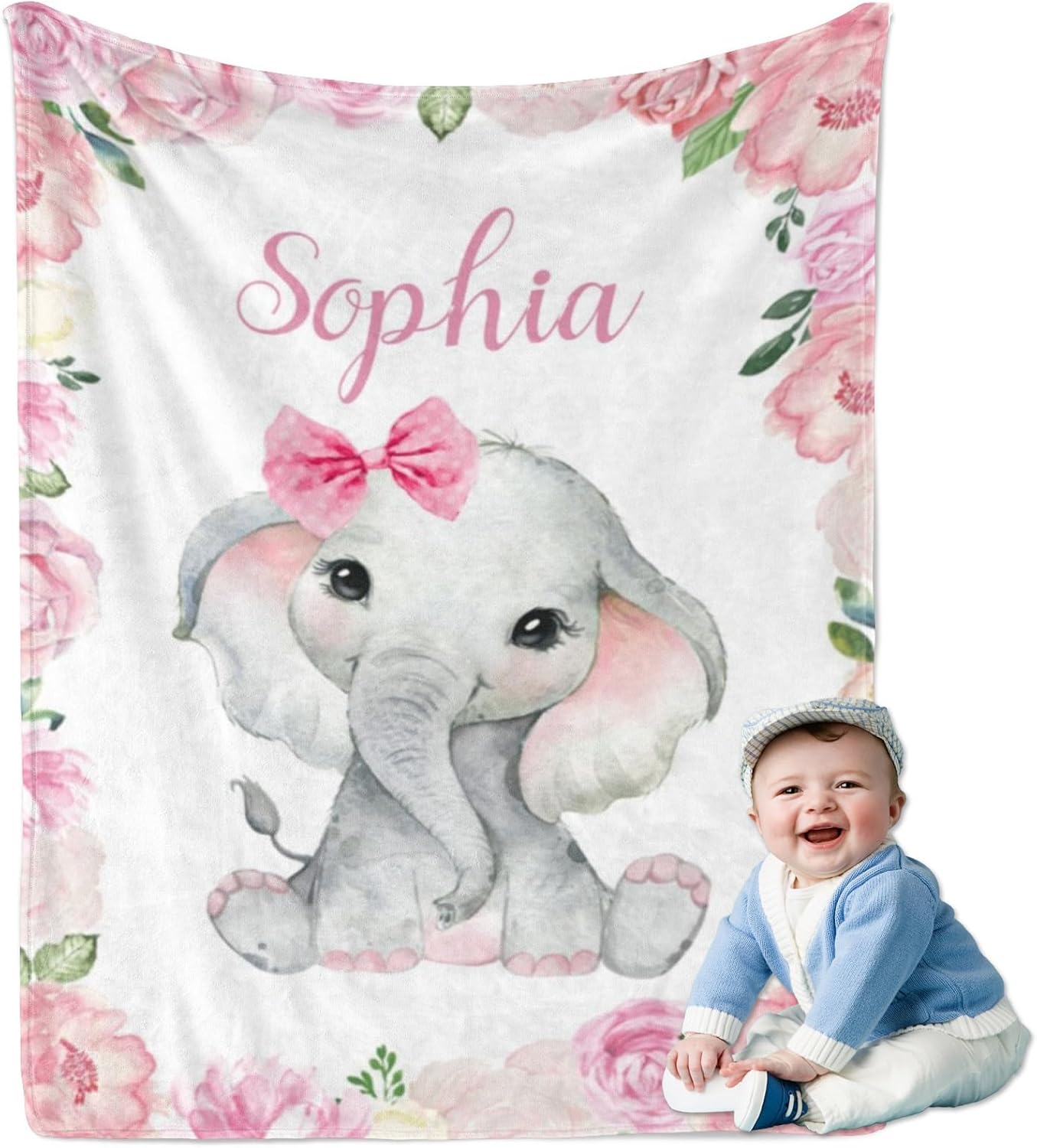 Personalized Baby Blanket with Name for Girls, Custom Pink Elephant Baby Blanket