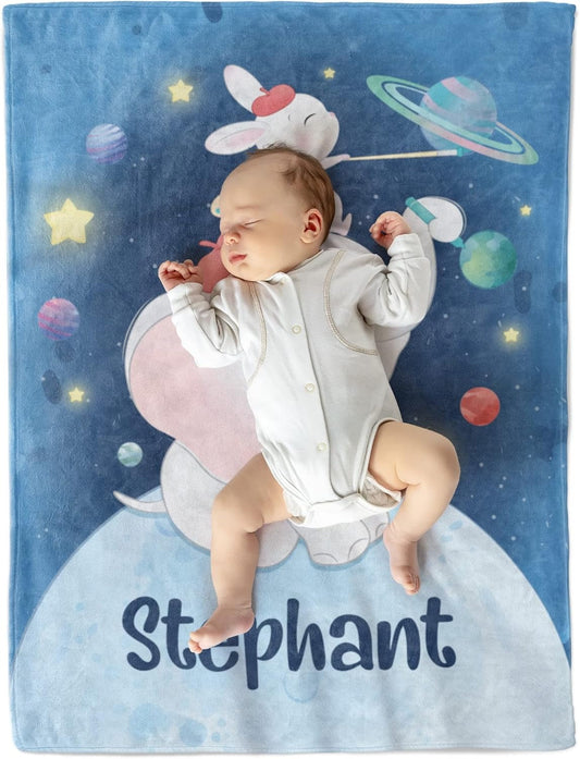 Custom Baby Boy Blanket with Name – Space Elephant & Bunny Design
