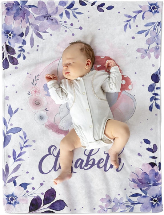 Personalized Baby Girl Blanket with Name – Custom Elephant & Floral Design in Soft Fleece (Elizabeth)
