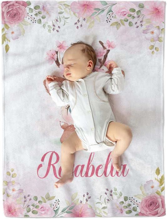 Personalized Baby Girl Blanket with Name – Custom Deer and Floral Fleece Blanket, Soft & Machine Washable